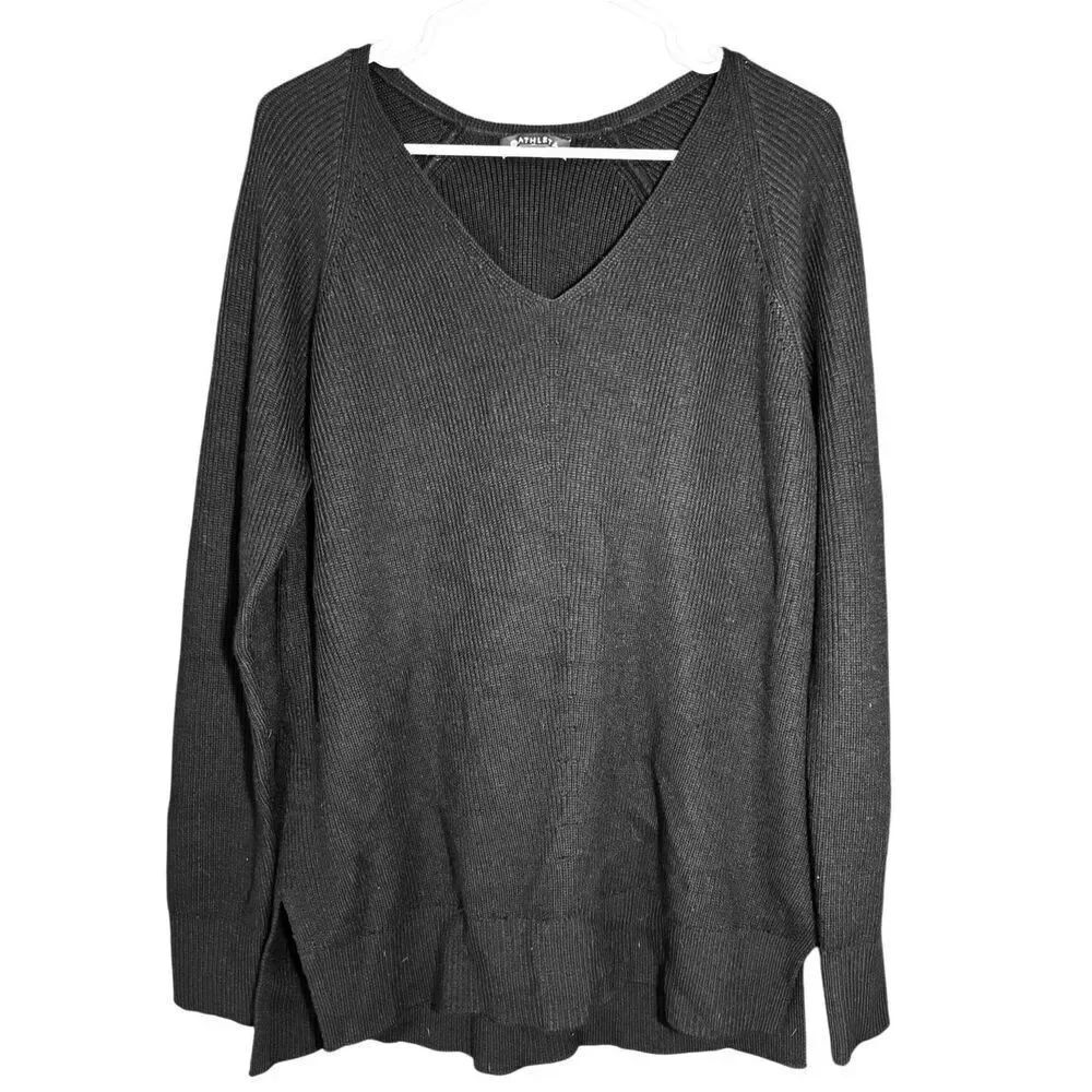 Athleta black v-neck sweater M Hanover merino wool blend